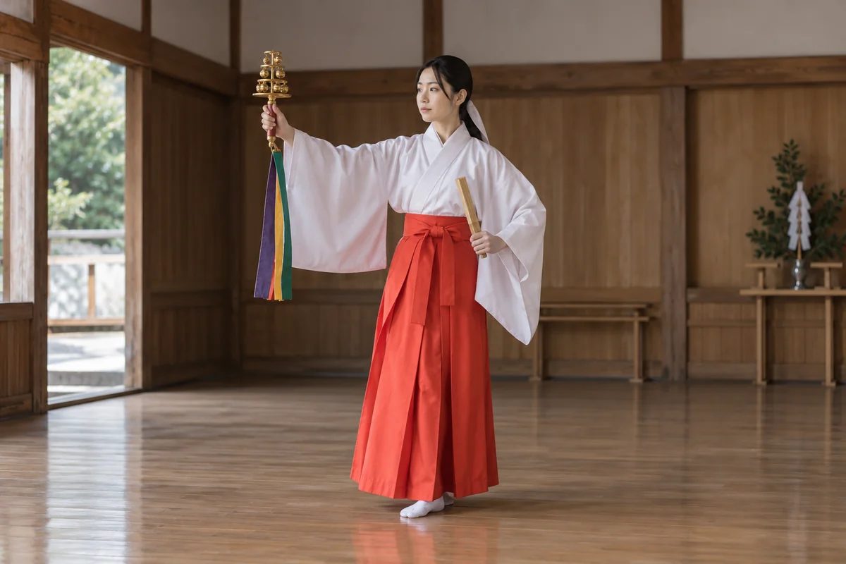 木の稽古場で神楽鈴と檜扇を手に、所作を確かめる巫女装束の人物