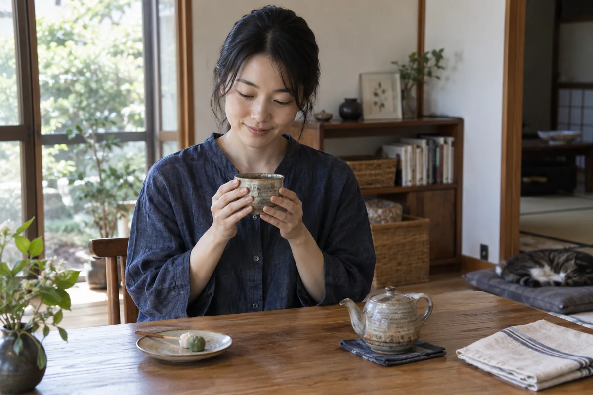 自然光が差し込む部屋で、手仕事の器を使ってお茶を楽しむ人
