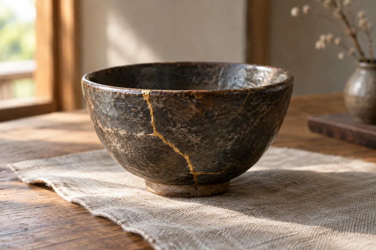 金色の継ぎ目で繕われた、落ち着いた色合いの陶器の茶碗