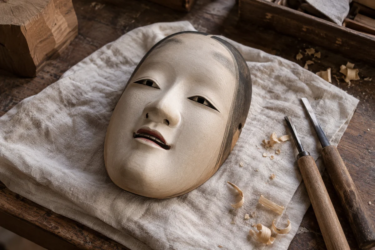 木の作業台に置かれた能面と、彫刻刀や木の削りくず
